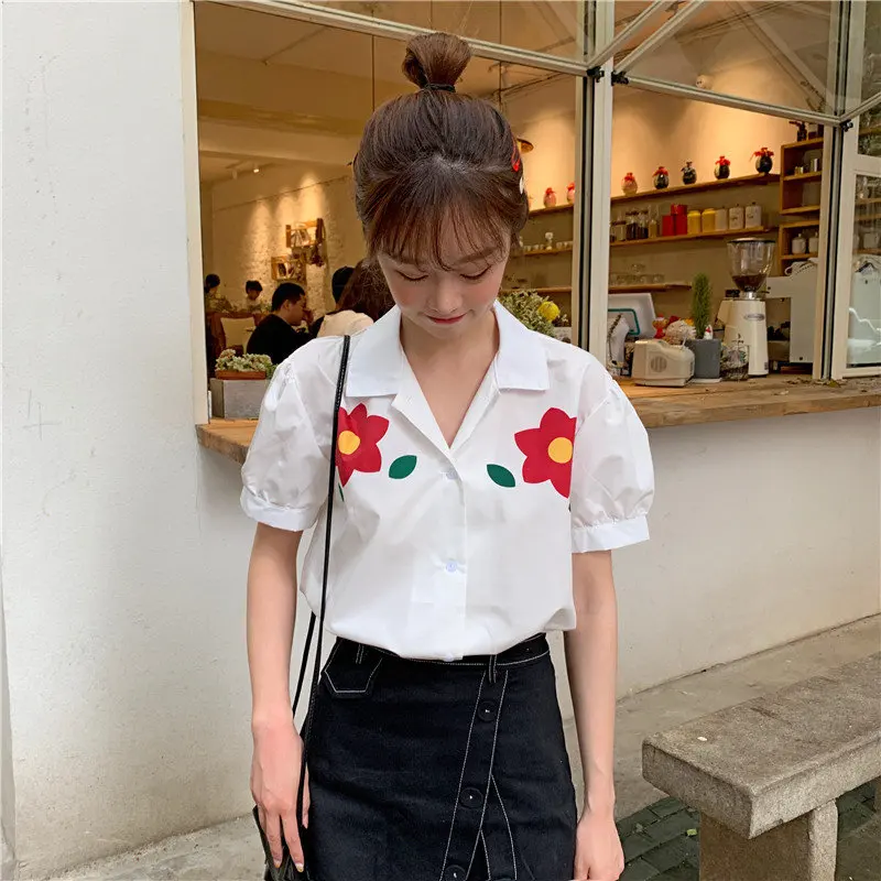 Женская рубашка с коротким рукавом HziriP белая свободная футболка принтом на лето