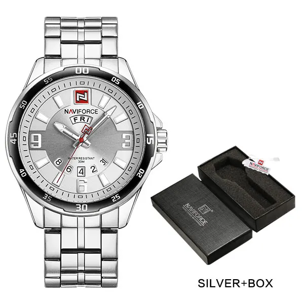 silver box Мужские кварцевые часы NAVIFORCE Топ бренд военные спортивные часы мужские полностью из нержавеющей стали водонепроницаемые часы с календарем Relogio Masculino - Цвет: silver box