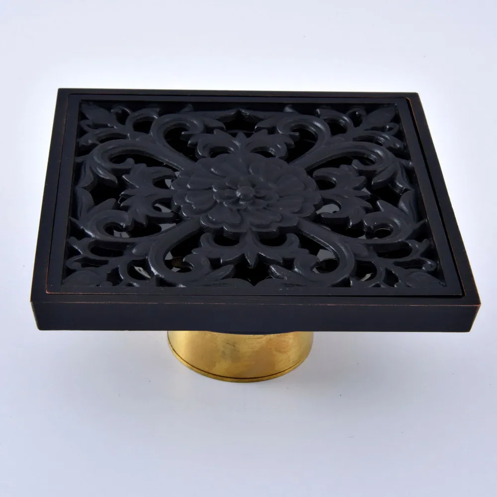 

Black Oil Rubbed Bronze Carved Flower Pattern Bathroom Shower Drain 4" Square Floor Drain Waste Grates Bathroom Accessory mhr064