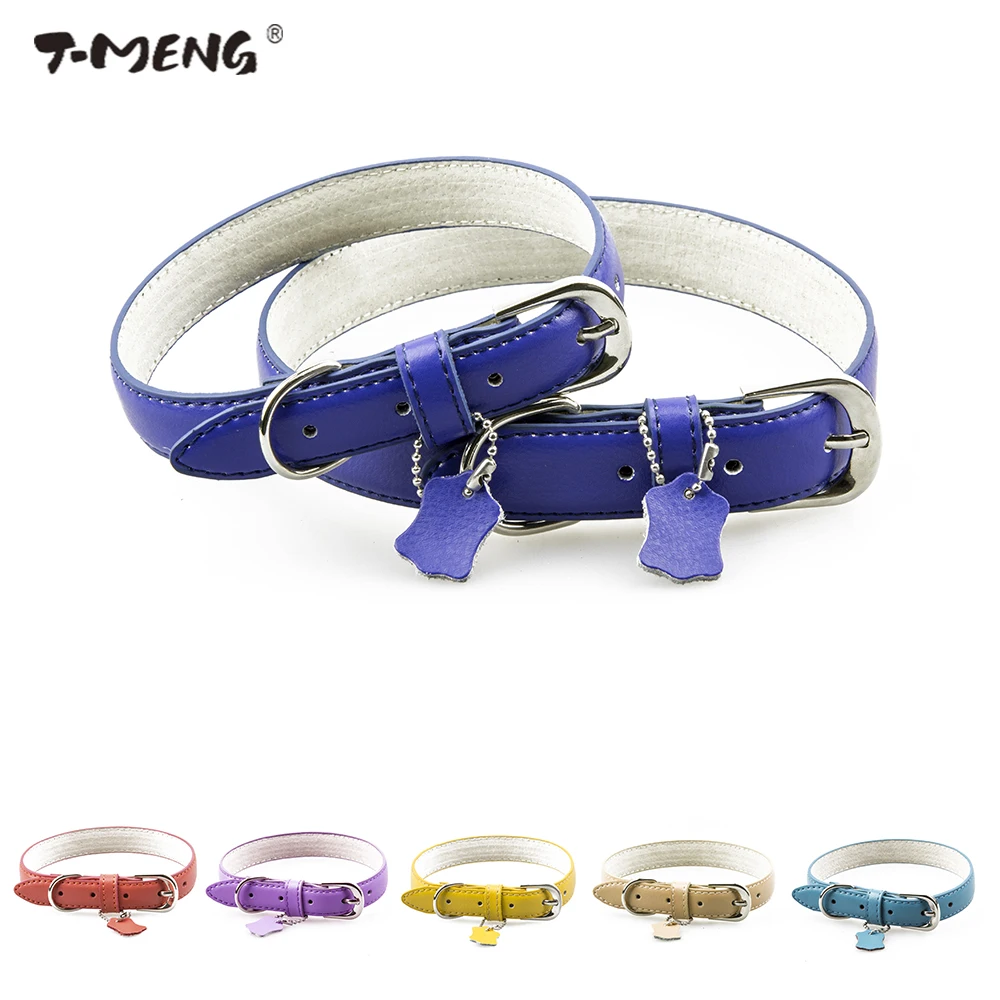 

T-MENG Pet Products Genuine Leather Dog Collar Small Medium Large Dog Collars Solid Soft Neck Strap Cat Collar Tag Dog Supplies