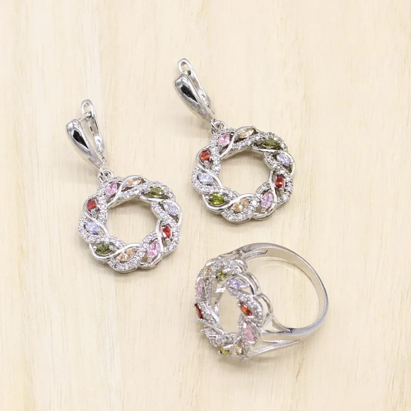 925 Sterling Silver Jewelry Multicolor Cubic Zirconia Jewelry Sets For Women Hollow Earrings/Pendant/Necklace/Ring/Bracelet