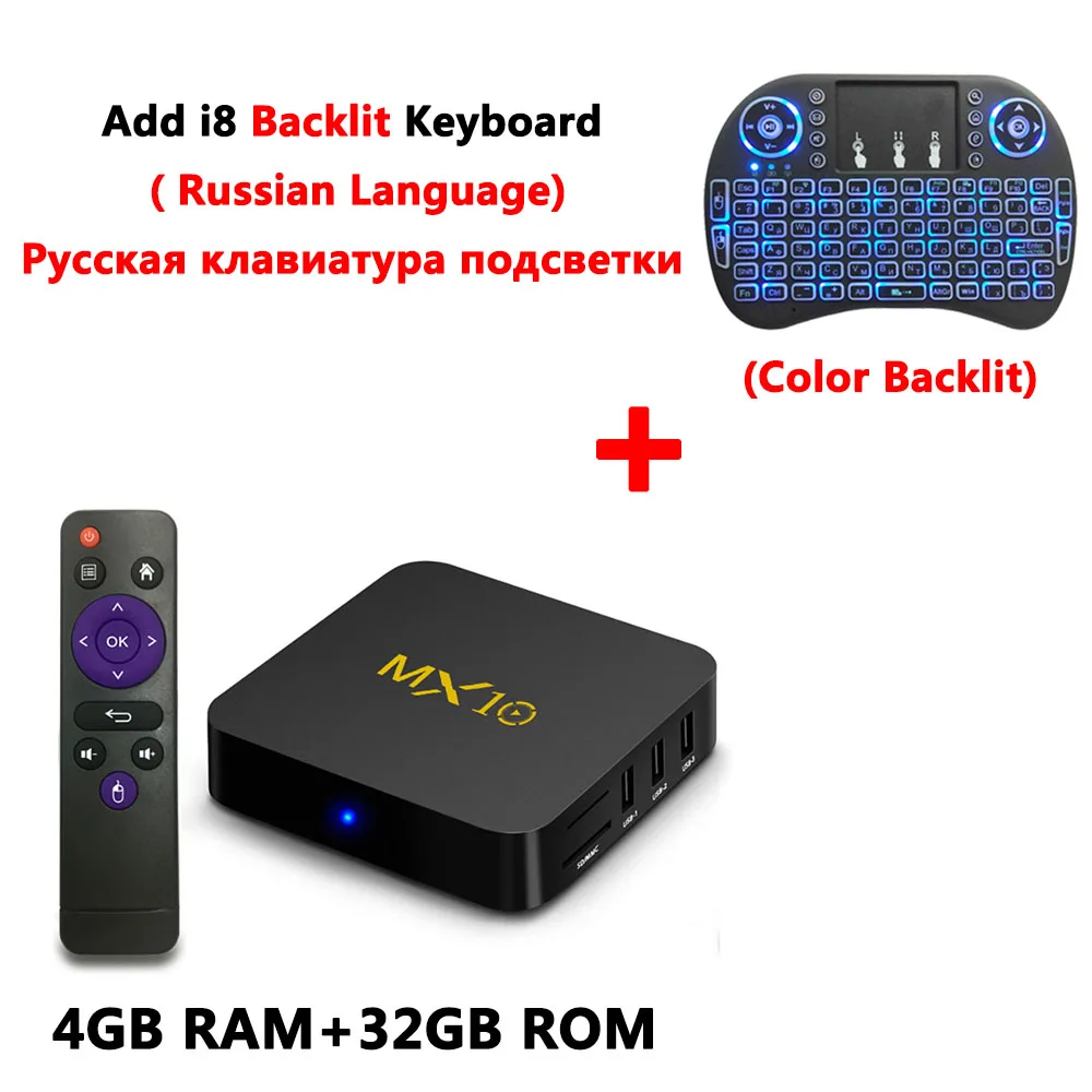 MX10 4 Гб ОЗУ 64 Гб ПЗУ Лучший Android 8,1 ТВ приставка RK3328 Четырехъядерный 4K HDR медиаплеер 2,4G wifi смарт-приставка vs X96 Mini - Цвет: add i8 backlit