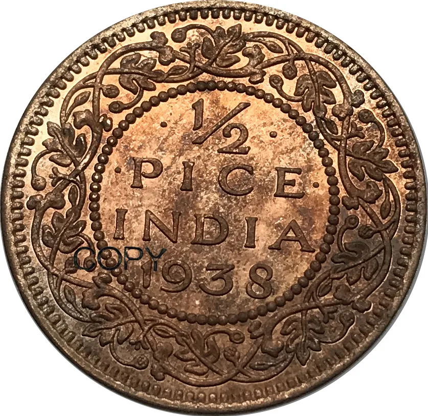 

India British 1/2 Pice George VI 1938 Red Copper Copy Coins