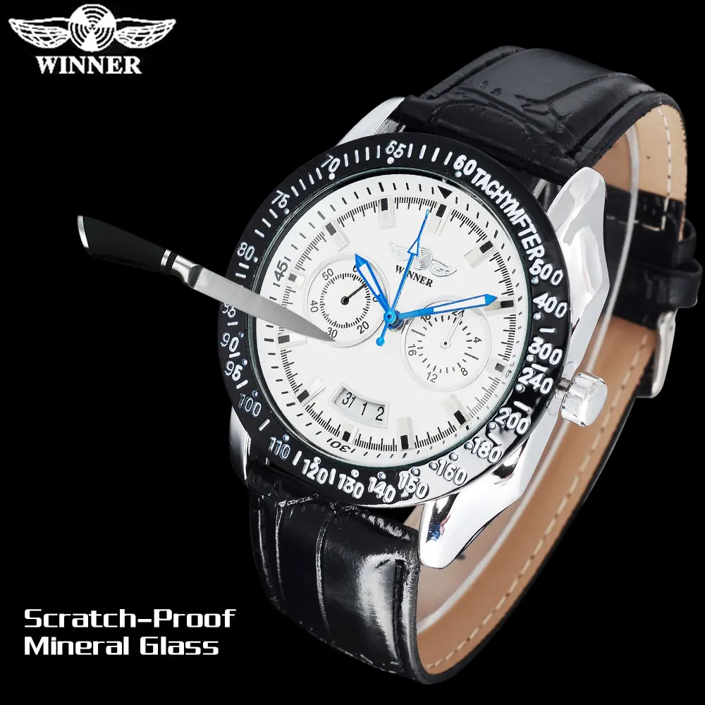 Мужские спортивные механические часы WINNER автоматические с кожаным ремешком и