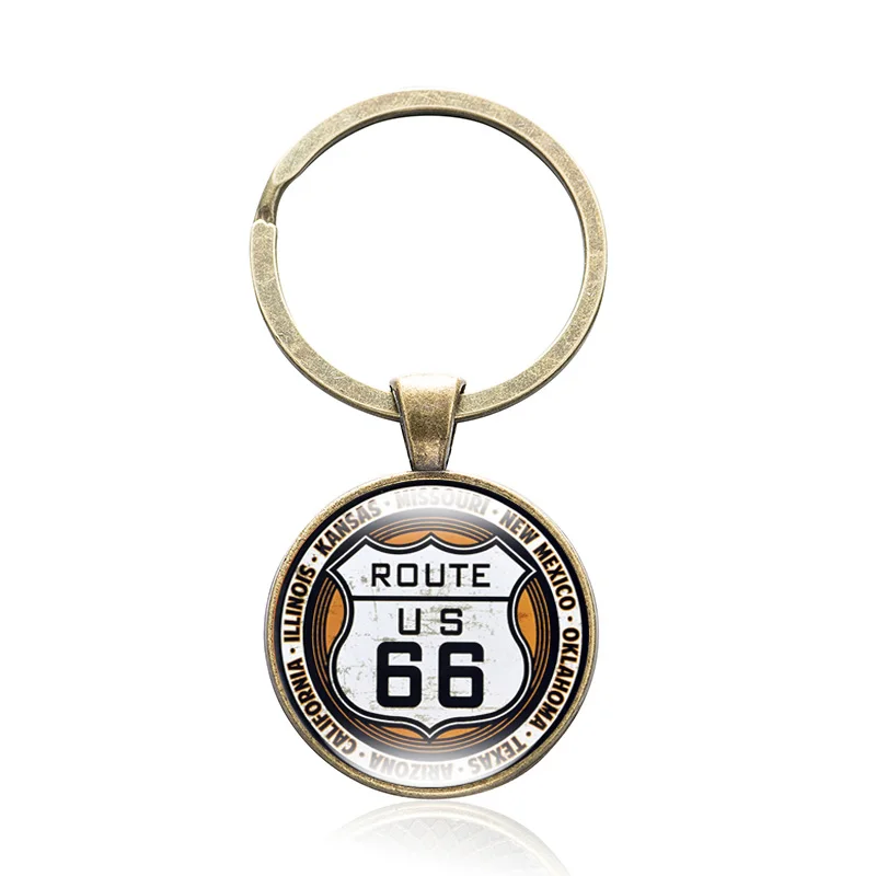 10 шт/лот US Route 66 брелоки сплав стекло кабошон брелок Подарочный на день рождение автомобиля ключ Классическая мода ювелирные изделия