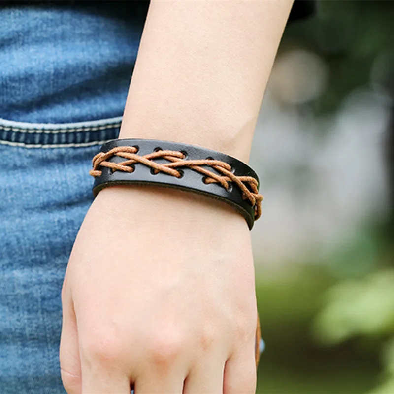 Новая Мода Ретро Ручной работы Плетеный Браун Кожаный Браслет Для Женщины