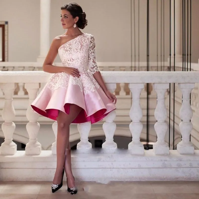 Элегантные на одно плечо розовые платья 2019 короткое платье выпускного вечера с