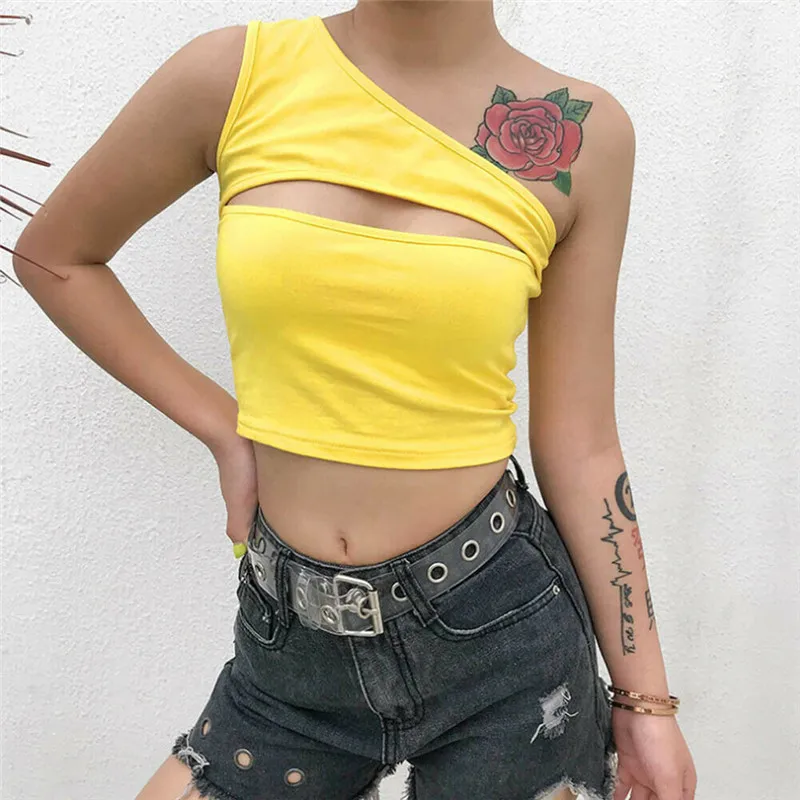 Женский топ без рукавов желтый с одним плечом|Майки| |