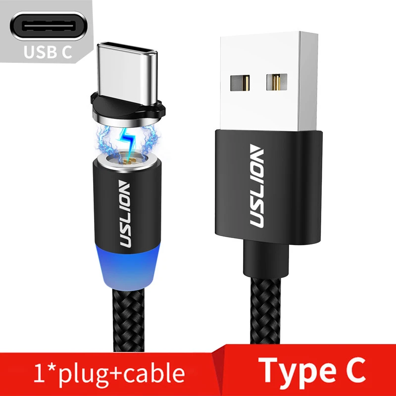 Black For Type C USLION, магнитное зарядное устройство, быстрая зарядка, магнит, USB, микро кабель, 3А, Тип C, кабель type-C, светодиодный, в нейлоновой оплетке, для Iphone 7, XS, XR, samsung - Цвет: Black For Type C