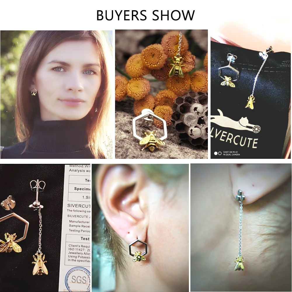SILVERCUTE геометрические соты и гвоздики пчелка серьги для женщин 925 пробы серебро