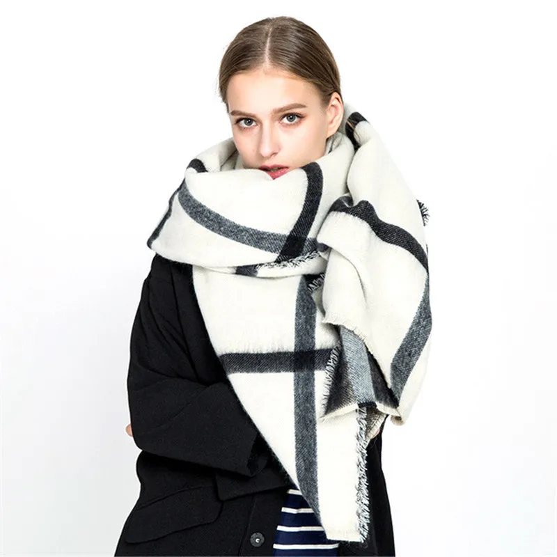 

Fashion Autumn Winter Warm Beige Plaid Women Scarf Luxury Brand Cashmere Scarves Retro Thick Shawls Ladies Wraps Accessories