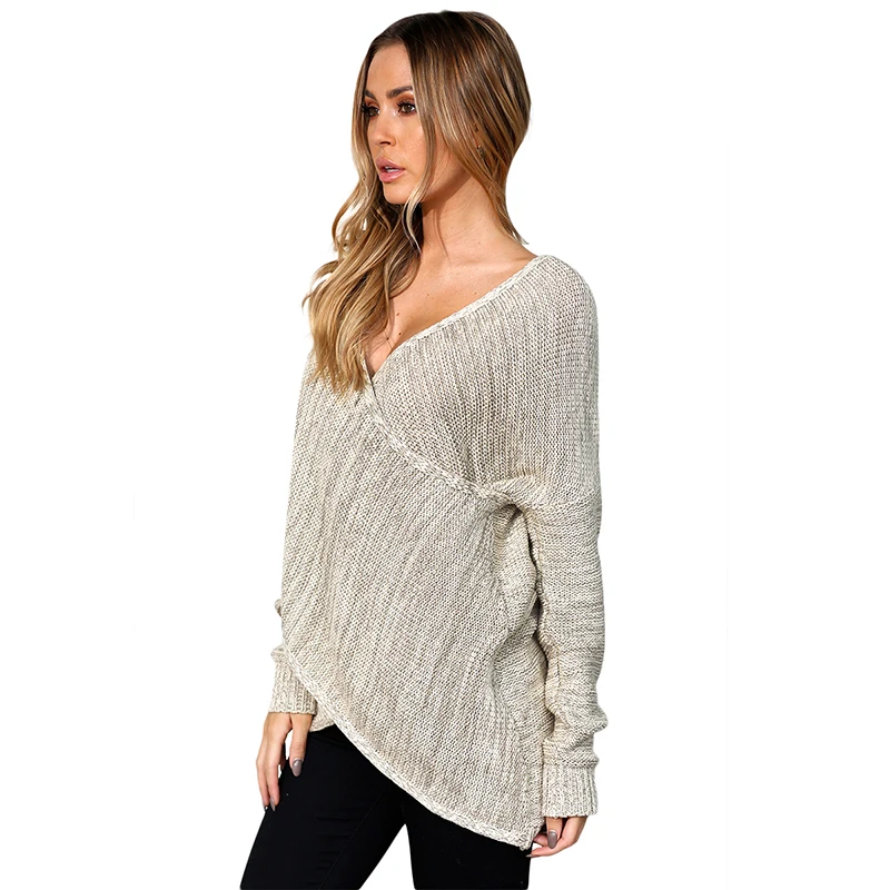IRISIE Brand New Fashion Women Solid Gray Sweater Deep V-neck Long Sleeve Female Knit Pullover Lady Loose Casual Tops | Женская одежда