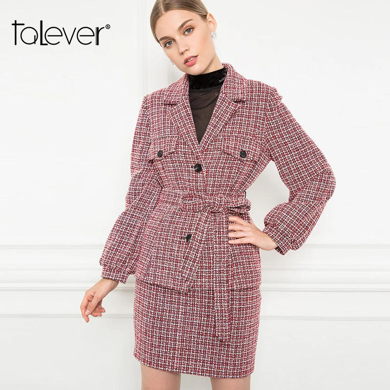 2018 Women Fashion Warm Coat Autumn Winter Tweed Casual Plaid Jacket Outerwear Female Turn-down Collar Slim Sashes Coats Talever | Женская