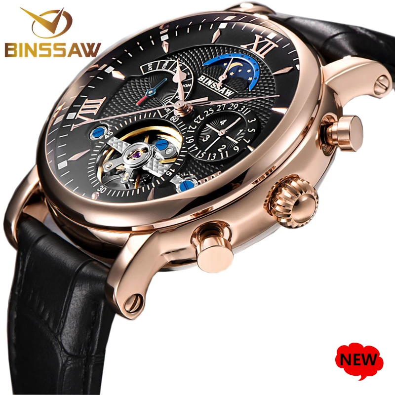 BINSSAW 2018 Новые Мужские автоматические механические часы Tourbillon Модные Кожаные