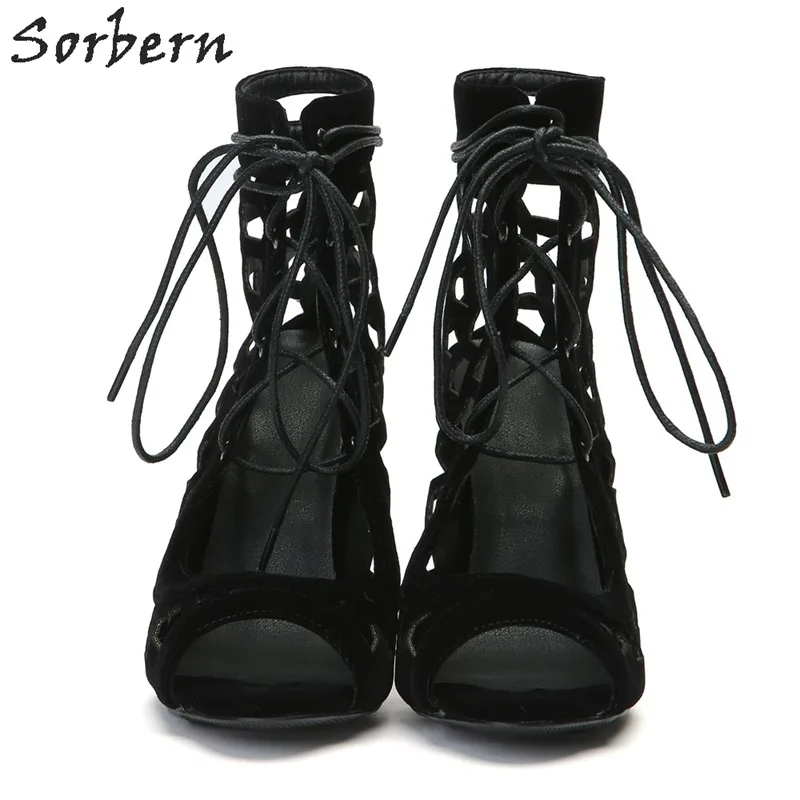 Murah Sorbern Hitam Wanita Musim Panas Sepatu Sandal Hollow Keluar Renda Depan Sepatu Hak Tinggi Stiletto Sandal Kaki Terbuka Membungkus Sepatu