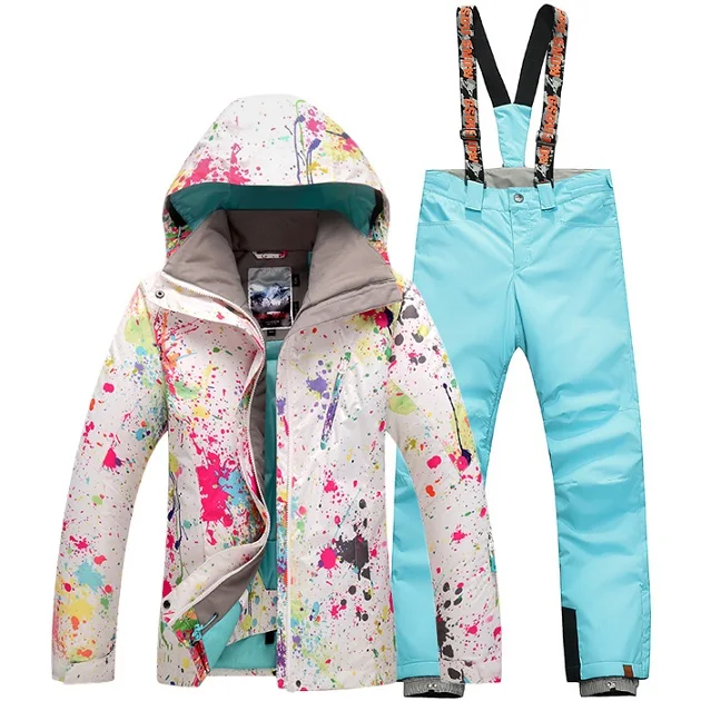 with light blue pant Женская теплая, водонепроницаемая, ветрозащитная яркая красивая горнолыжная куртка, горнолыжные костюмы для женщин горнолыжный костюм для женщин, лыжный костюм женский зимний, куртка мужская сноуборд, беговые лыжи - Цвет: with light blue pant