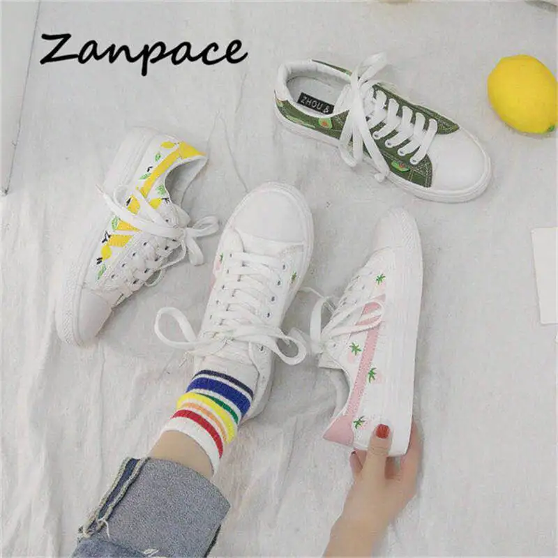 Новинка 2019 парусиновая обувь повседневная женская белого цвета с фруктами на