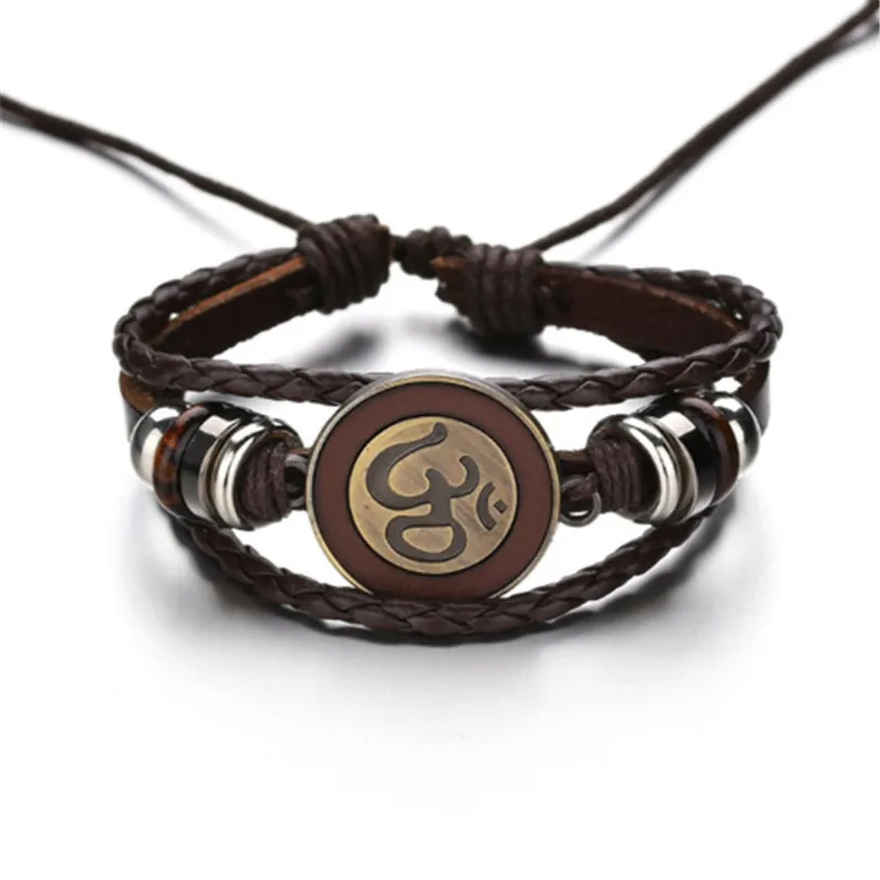 

Retro Brown Rope Chain Leather Bracelets With Antique Gold Om/Ohm/aum Charm Adjustable Bracelet Bangle For Men Women Jewellery