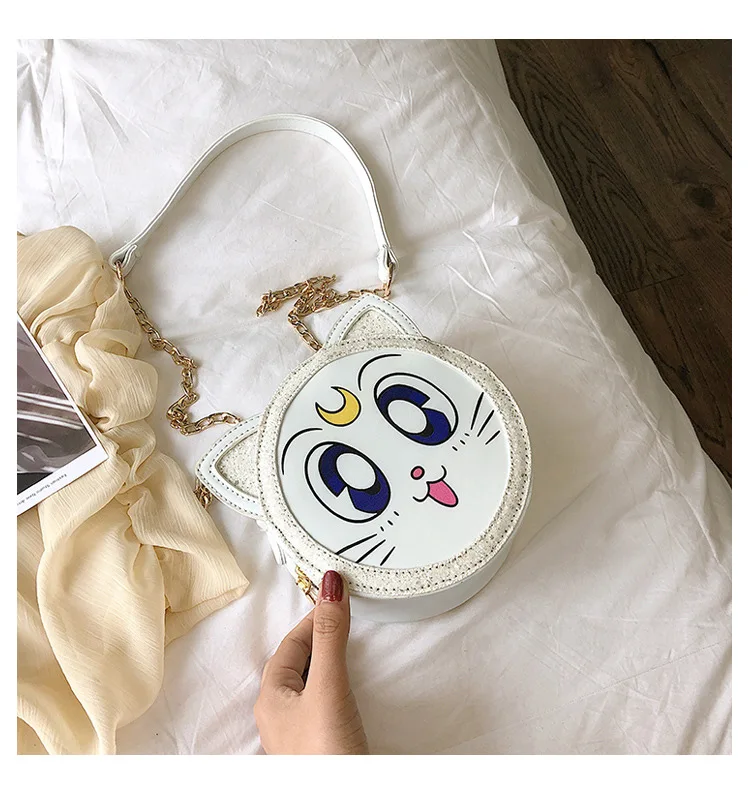 Черный и белый милый мультфильм кошка печать круглый Pu девушки цепи кошелек Кроссбоди мини сумка на плечо для женщин Bolsa клапаном