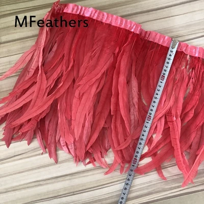 water melon 2 метра шампанского декоративные петушиные перья 35-40 см DIY куриное перо бахрома пришиты на атласную лента рождественские украшения полоски ремесло - Цвет: water melon