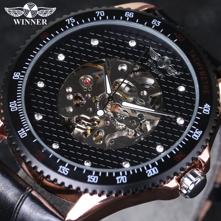Роскошные Механические часы-скелетоны WINNER 2016 с отверстием кожаный ремешок