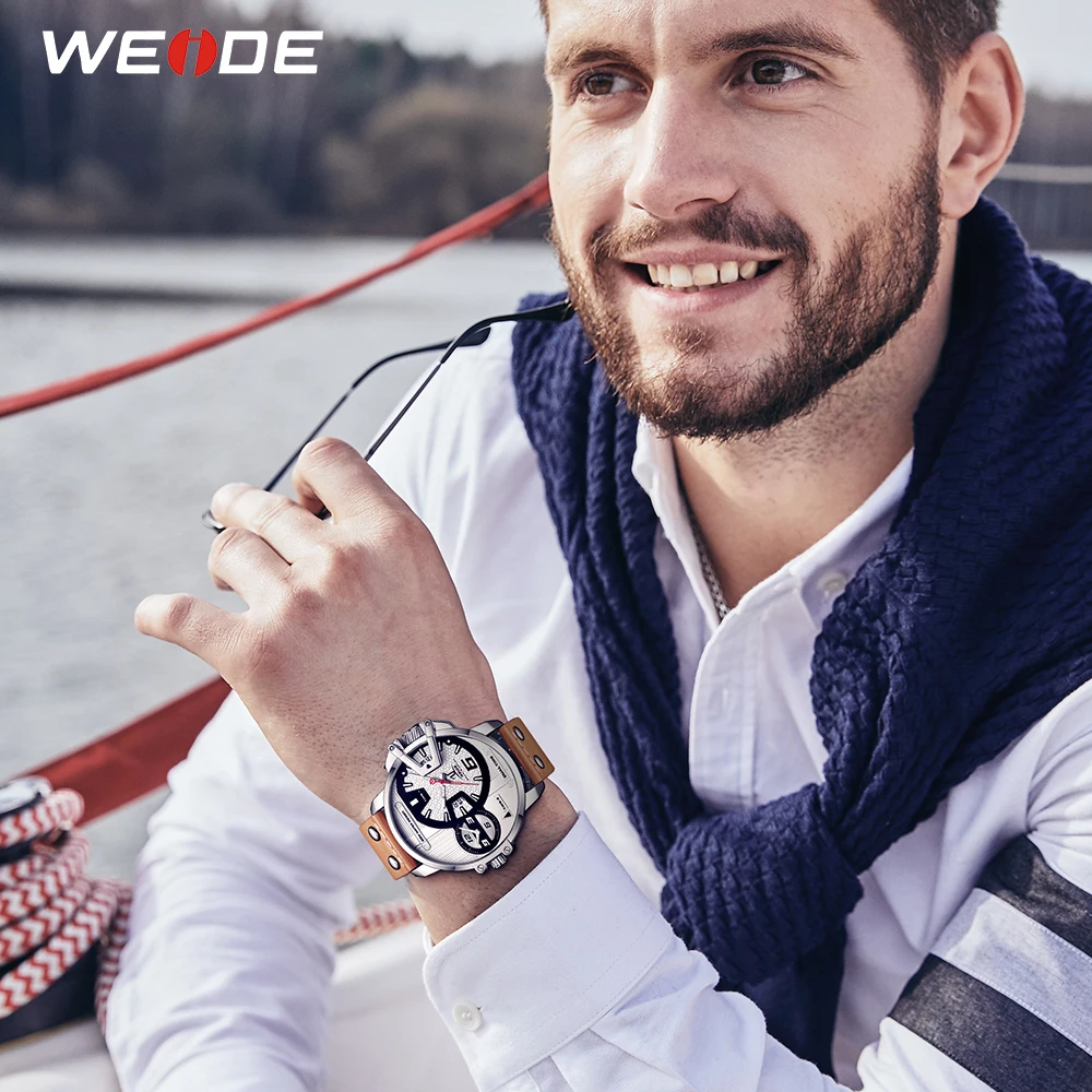 WEIDE мужской роскошный спортивный PU кожаный полосатый ремешок кварцевый механизм Аналоговые Авто Дата часы водонепроницаемые наручные часы
