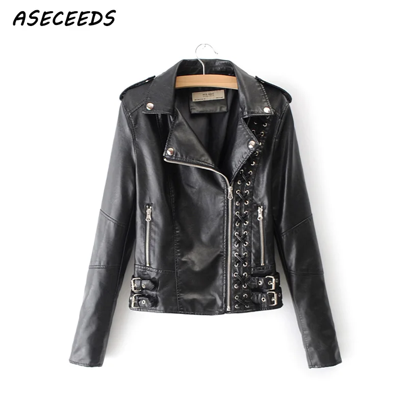 Модные на шнуровке pu кожаная куртка женская черный розовый молнии мотоциклетные