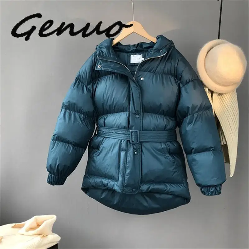 blue Genuo New Three Color Solid Women Parkas Hooded Zipper Single Breasted Coat Winter Thick Korean Fashion Sashes Jacket - Цвет: blue