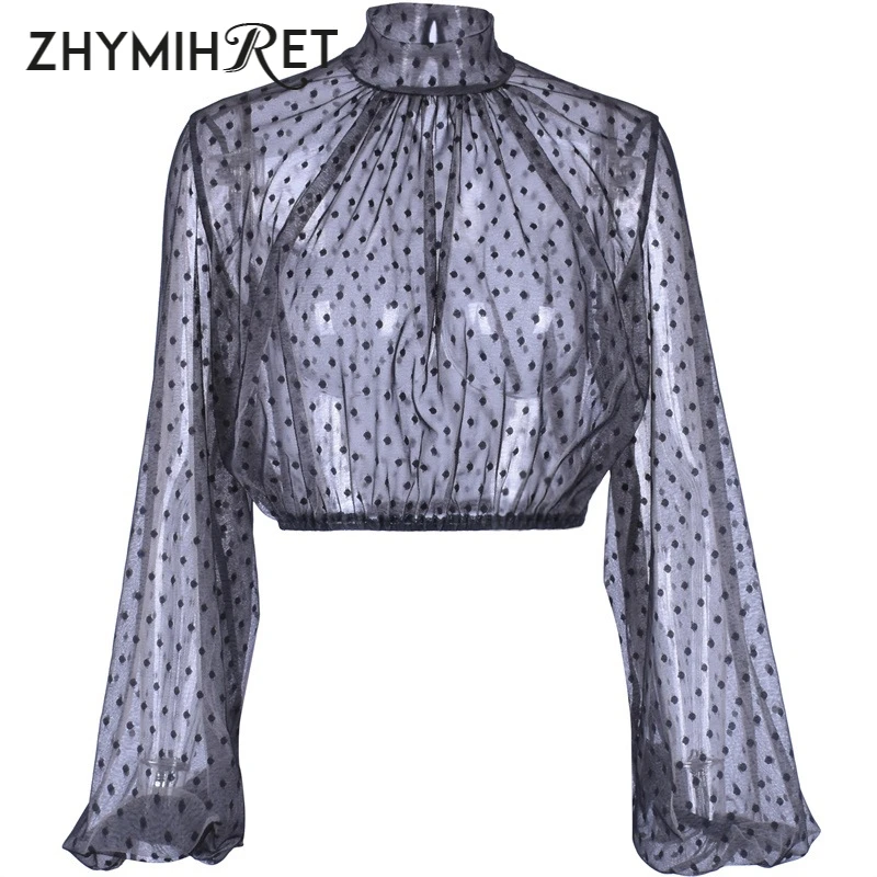 Женская сетчатая блузка в горошек ZHYMIHRET прозрачная укороченная с рукавами фонариками и воротником осень 2019|