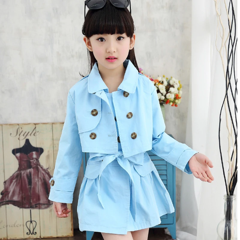 Комплект одежды для девочек новый весенний Модный стильный Тренч + платье с
