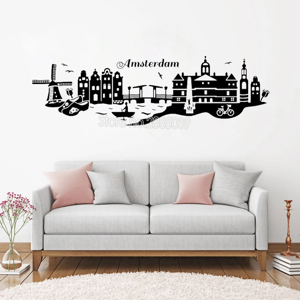 

Beautiful Amsterdam Skyline Wall Sticker Netherland City Decal Art Cities Building Design Vinyl Mural Removable Wall DecalsLC131