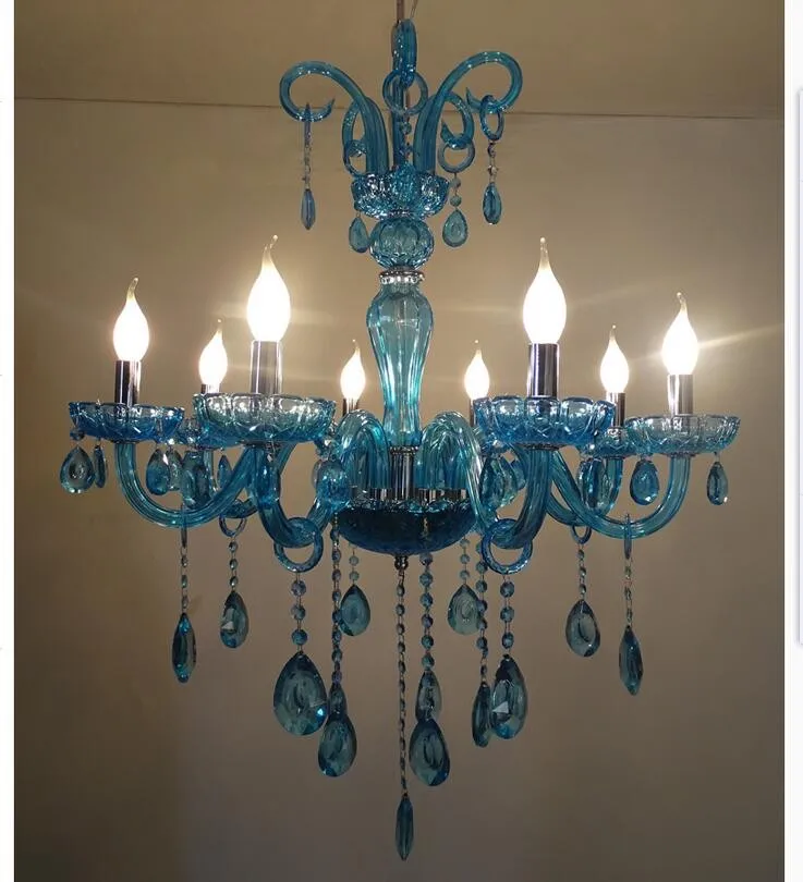 Candelabro de cristal azul para el hogar, lámpara de araña Bohemia, lustres...