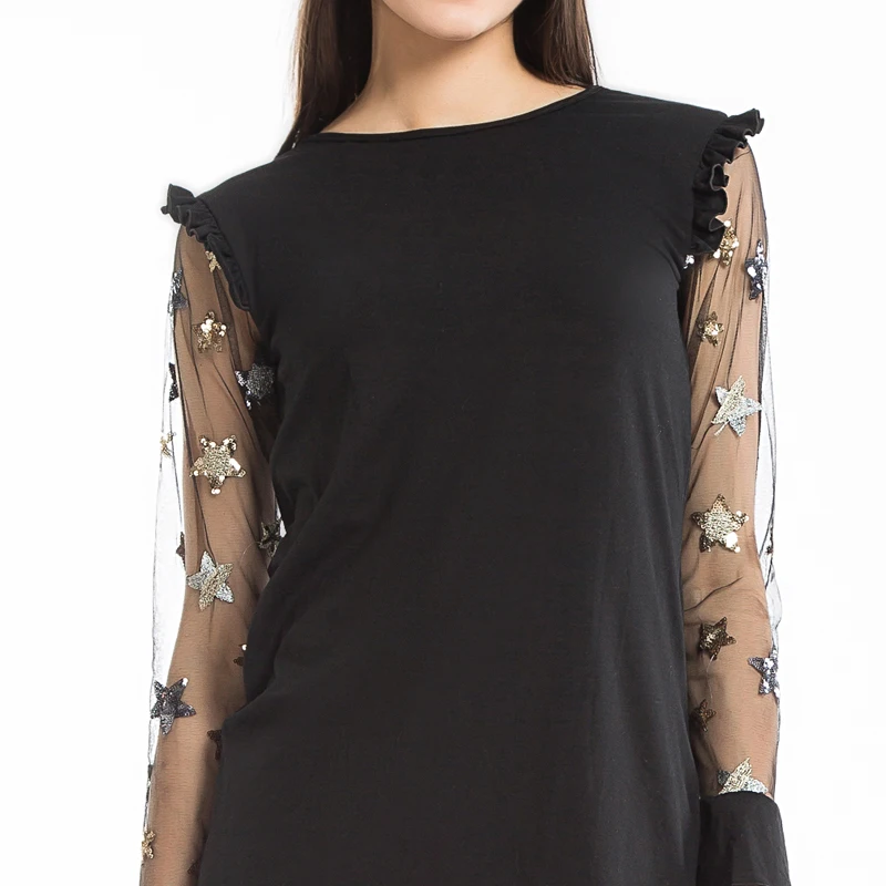 Lerfey женщины dress casual лоскутное сетка с длинным рукавом мини блесток звезда for lady