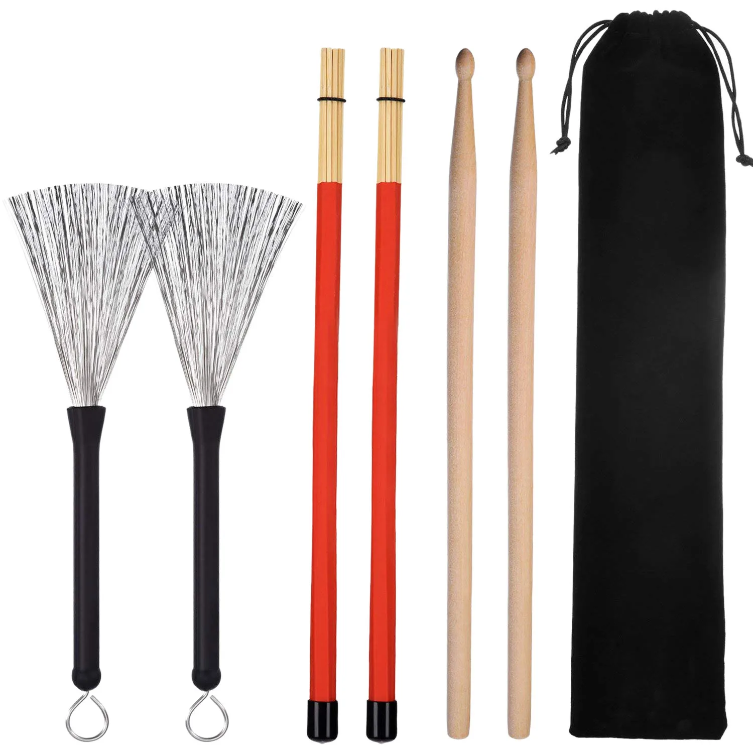 1 Pair 5A Drum Sticks  Wood Drumsticks Set 1 Pair Drum Wire Brushes Drum Stick Brush and 1 Pair Rods Drum Brushes