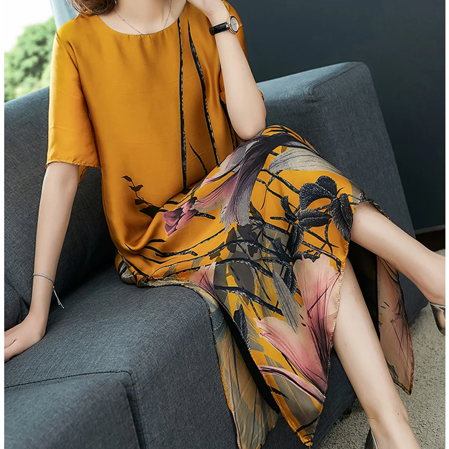 2019 сезон: весна–лето Новый Цветочный Шелковый Пляж миди платья 4XL плюс Размеры