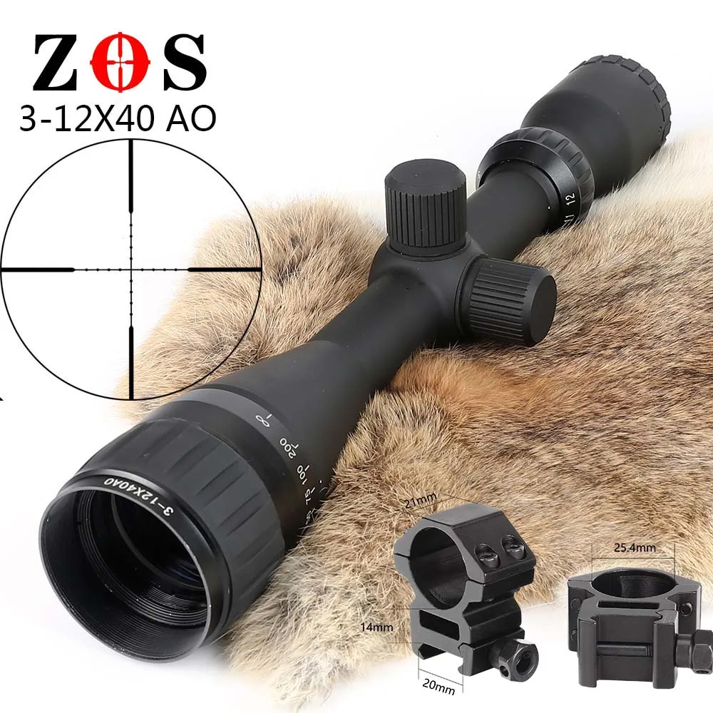 with Picatinny Rings ZOS 3-12x40 AO Mil точечный прицел Классический тактический оптический прицел для охотничьей винтовки с крышкой объектива - Цвет: with Picatinny Rings