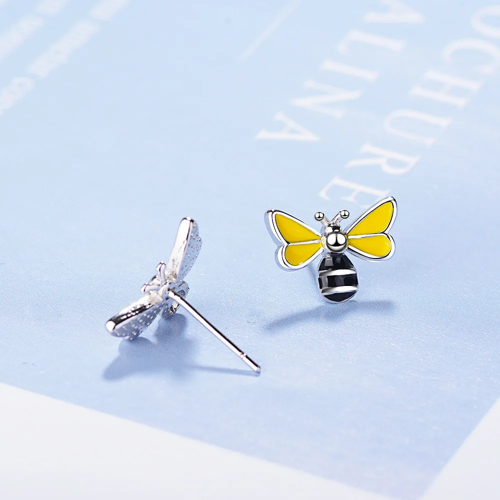 

925 Sterling Silver Female Sweet Candy Earring Elegant Colorful Beautiful Bee Fashion Earring for Woman Girl Animal Jewelry