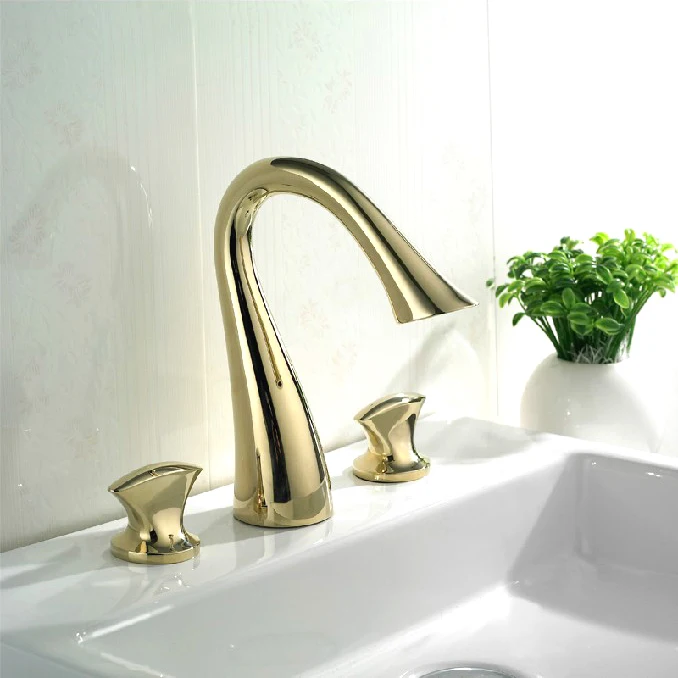 

Роскошный латунный Смеситель для раковины в розницу, смеситель для раковины с лебедями, 3 шт. в одном, напольный кран золотого цвета, бесплатная доставка L14085