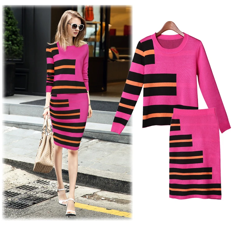 2018 European Newest Autumn Women Popular Runway Striped Mid-calf SKirt Suits Knitted Wool Blends Sweater Pencil Skirt Sets | Женская