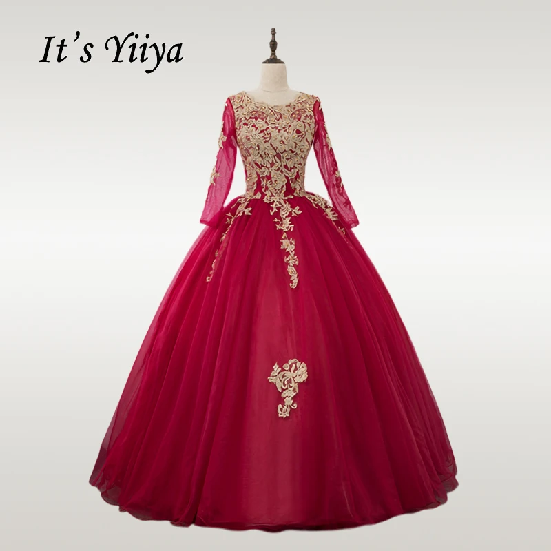 

It's YiiYa Wedding Dress Gold Lace O-neck Burgundy Wedding Dresses Long Sleeve Plus Size Muslim Vestido de novia CH239