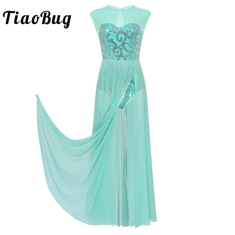 

TiaoBug Floral Sequins Sleeveless Adult Modern Contemporary Lyrical Dance Costumes Gymnastics Ballet Leotard Women Long Dress