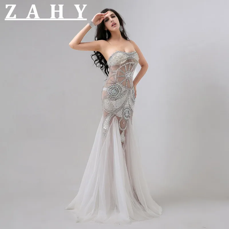 Luxury spaghetti Straps Mermaid Evening Dresses Beaded silver crystal see through backless prom dresses party gown vestidos | Свадьбы и