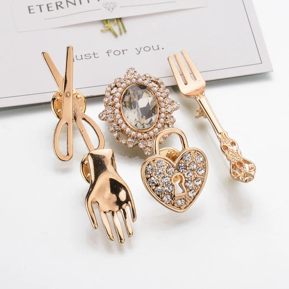 GEREIT 5 Шт./компл. Classic Gold Цвет Ножницы Вилка Брошь Ручной Сердце Меди Горный