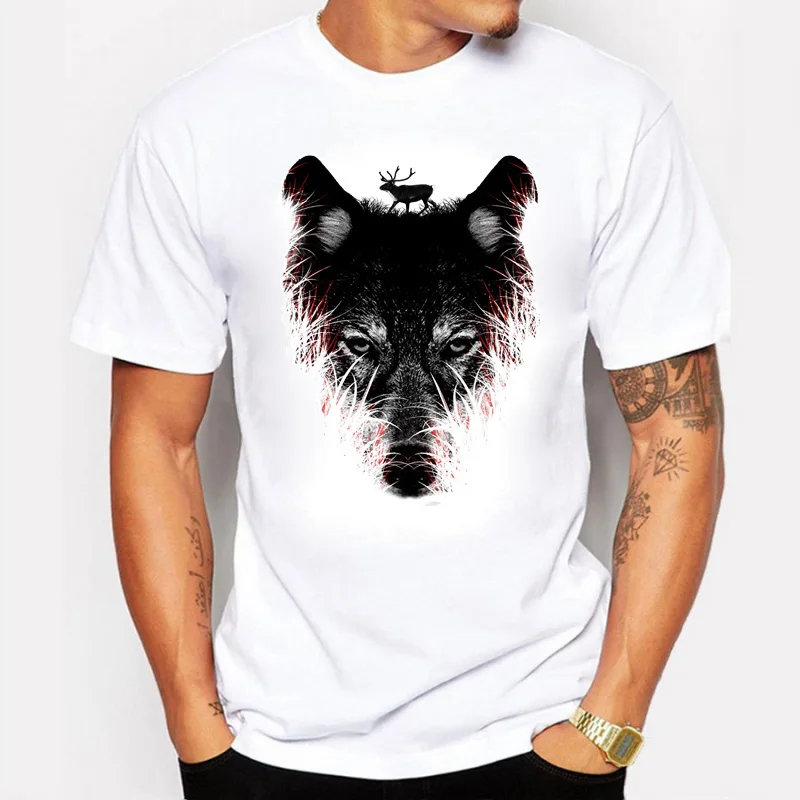 

BLWHSA New Fashion Summer T Shirt Men Printing Forest Wolf O-Neck Cotton Personality Man T-Shirt Tshirt Homme Men Clothing