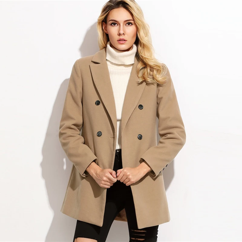 Sheinside розовый верблюжий зубчатый бушлат Женская Повседневная Верхняя одежда Женская Осенняя двубортное Женское пальто с прорезным карманом