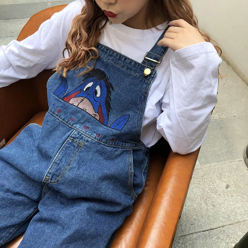 Японский комбинезон kawaii женские джинсовые комбинезоны с карманами свободные джинсы синего цвета с принтом длинные брюки для девочек колледжа
