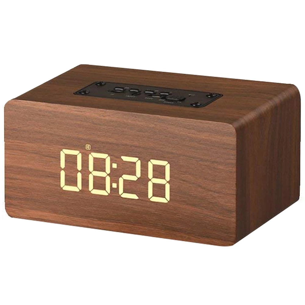 Brown Bluetooth динамик цифровой Деревянный Будильник, V4.2 Портативный беспроводной двойной драйвер спикер s, 1500 Mah, светодиодный дисплей времени - Цвет: Brown