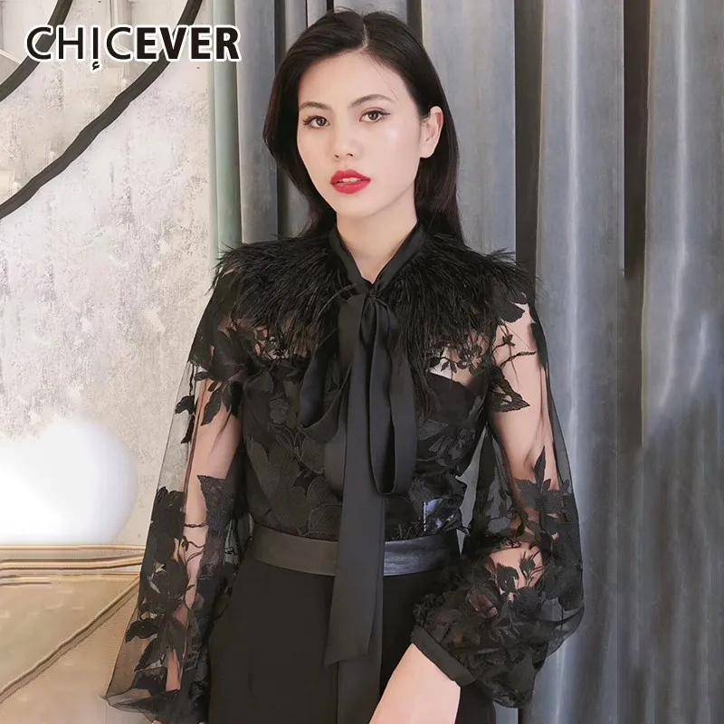 Блузка CHICEVER женская летняя повседневная с аппликацией и перьями на шнурках