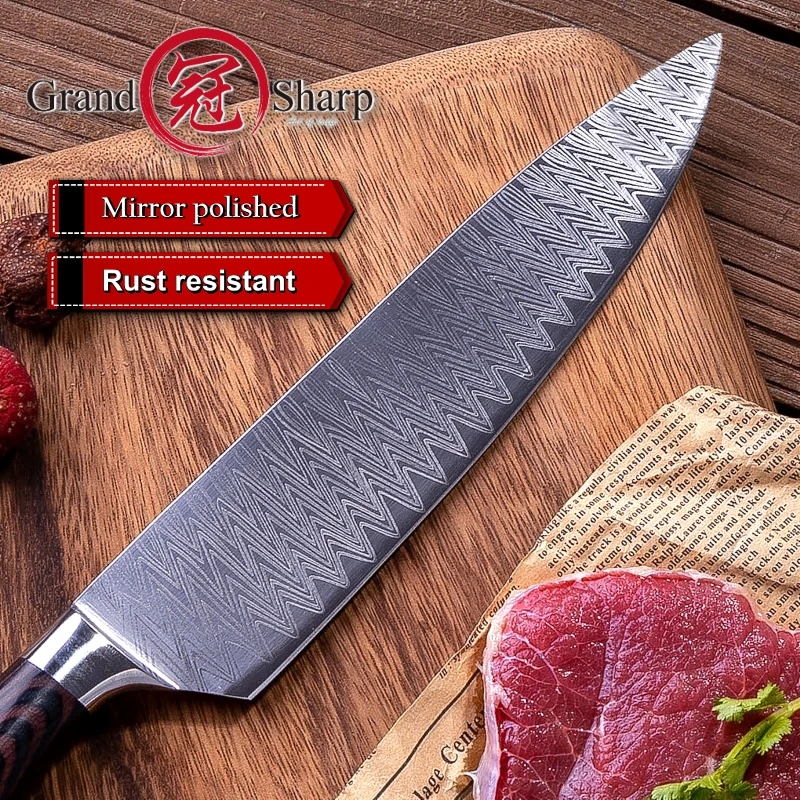 Grandsharp 8 дюймов кухонный нож повара лазерный дамасский узор из нержавеющей стали для мяса и овощей нарезки резьба кухонные ножи