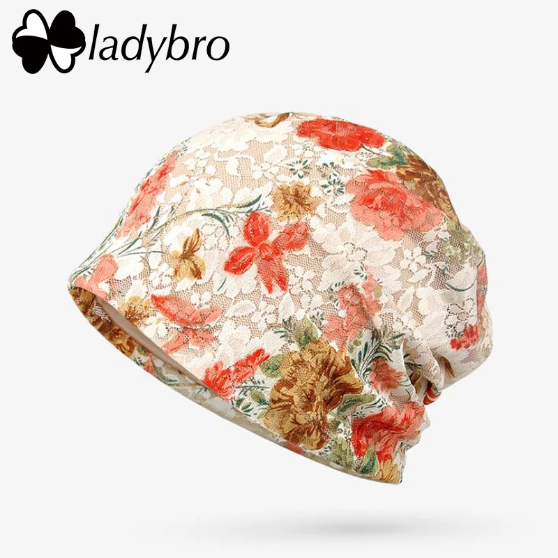 Ladybro, Осенние кружевные вязаные шапочки, женская шапка Skullies Beanies, шапка с принтом, хлопковая шапка, женская шапочка, Женская Повседневная Цветочная шапка